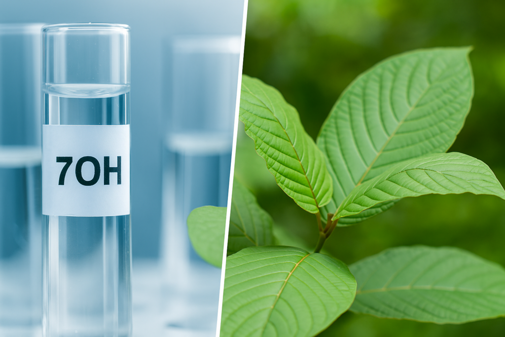 A photo showing a Kratom plant next to a lab vial.